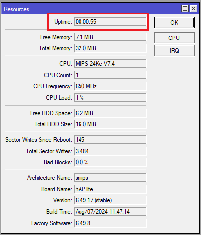 GAMBAR 4: Tampilan Uptime di Resources dan Log System